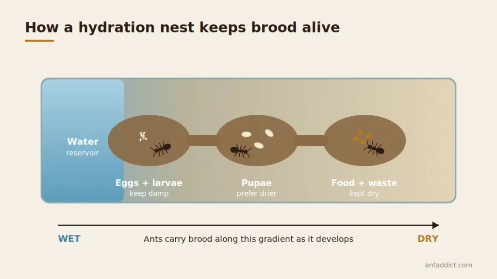 Diagram comparing a queenright ant colony that grows for years with a workers-only ant farm that dies out