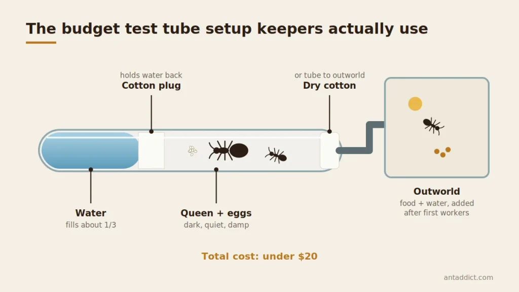 Labeled diagram of an ant test tube setup with water, cotton plug, queen with eggs, and outworld