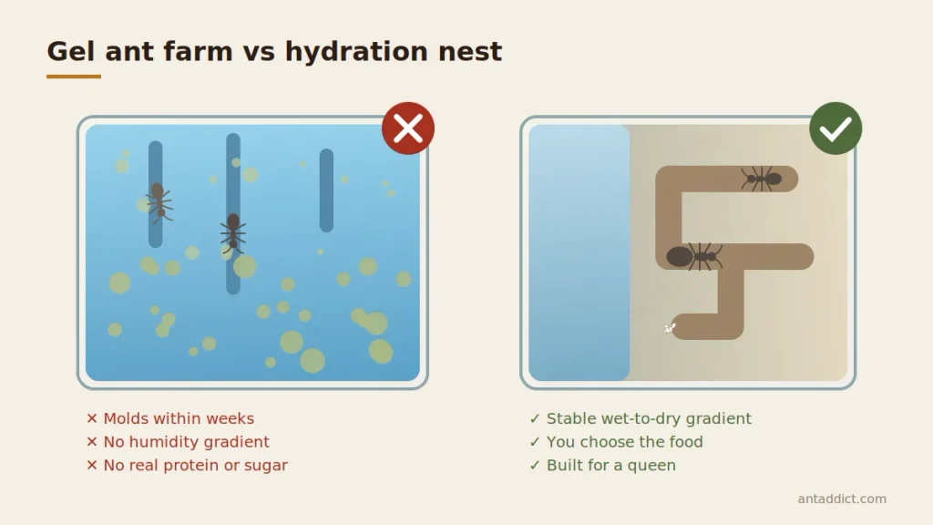 Comparison of a moldy gel ant farm and a hydration ant nest with a stable humidity gradient