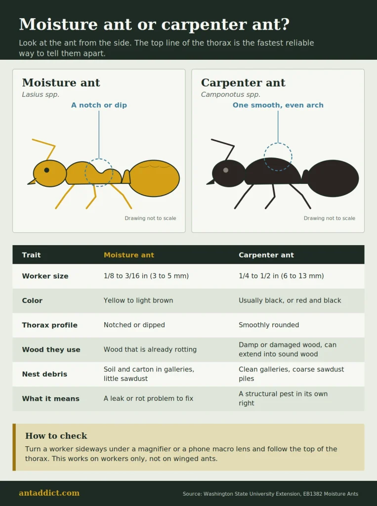 Infographic comparing the notched thorax of a moisture ant with the smoothly rounded thorax of a carpenter ant