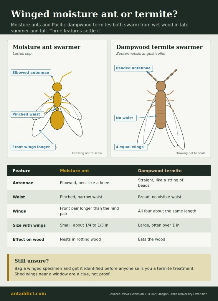 Infographic comparing a winged moisture ant with a Pacific dampwood termite swarmer by antennae, waist, and wings