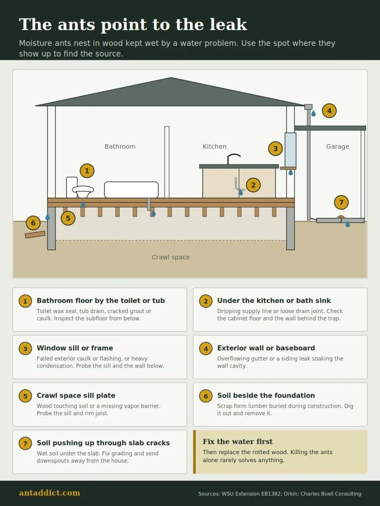 House cross-section infographic showing seven places moisture ants appear and the leak behind each one